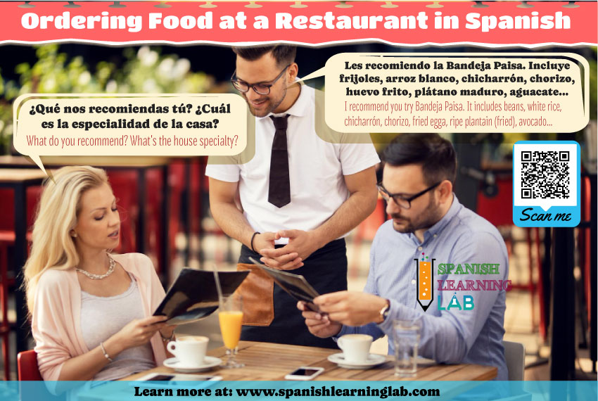 asking for the menu and getting recommendations for food at a restaurant in Spanish