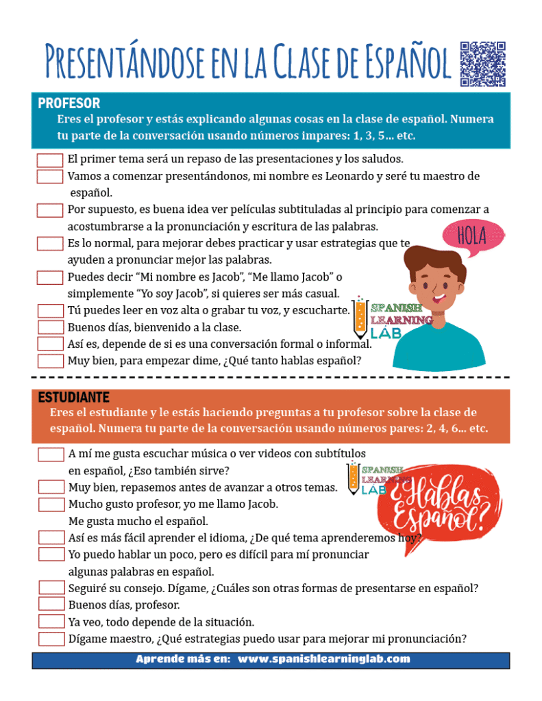 Un ejercicio de conversación en PDF sobre presentaciones en español y formas de mejorar pronunciación con varias expresiones y preguntas clave.