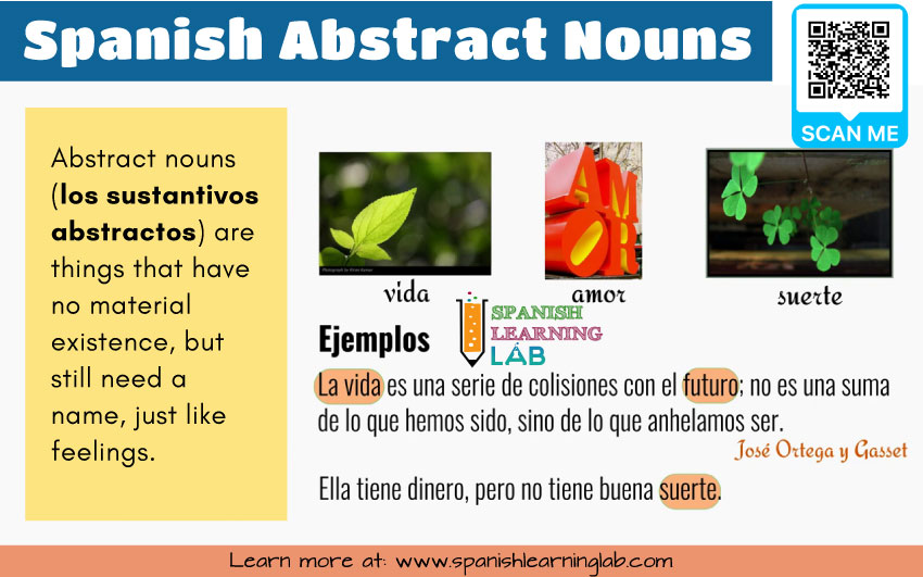 A definition of Spanish abstract nouns and examples of sentences with "sustantivos abstractos"