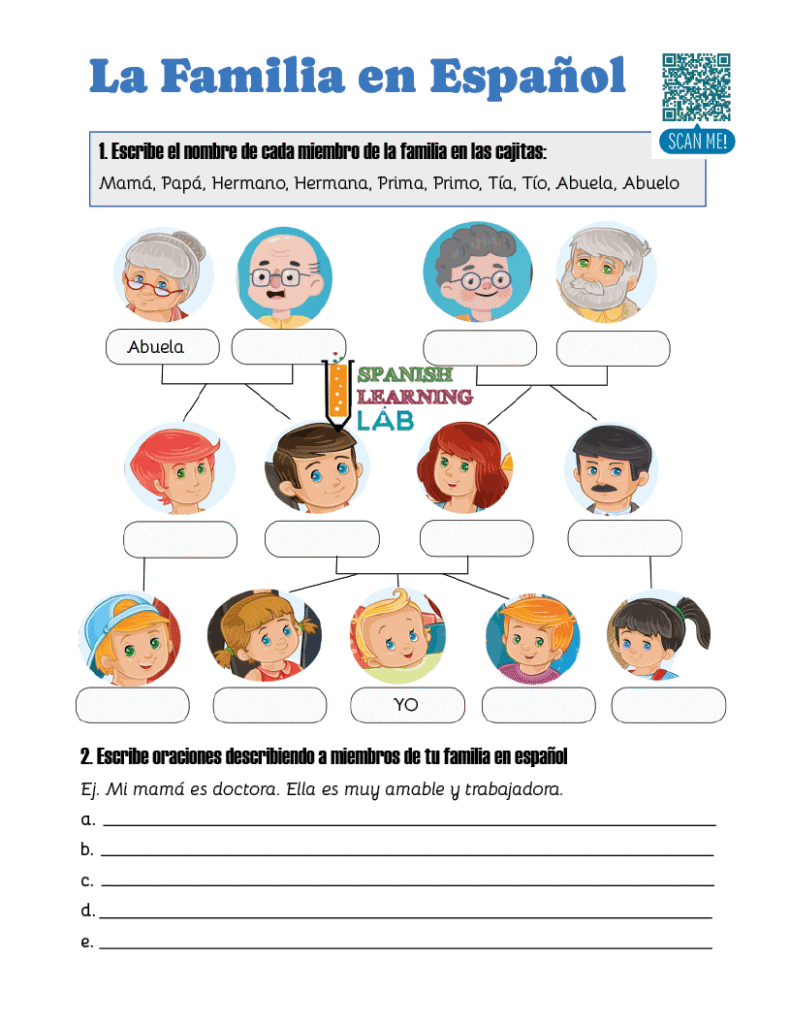 Una hoja de trabajo con ejercicios de vocabulario sobre los miembros de la familia en español en PDF