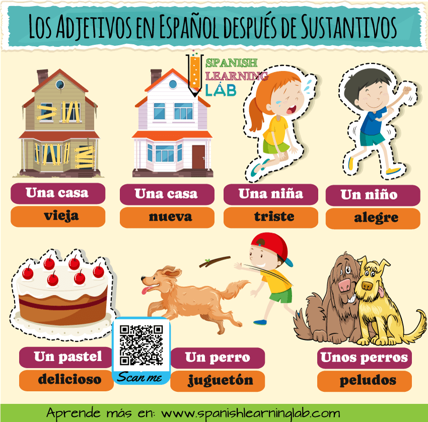 Usando los adjetivos en español después de sustantivos para describir objetos, personas y animales.