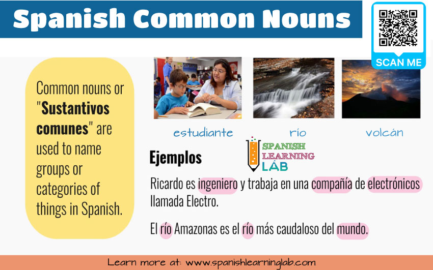 A definition of Spanish common nouns and examples of sentences with "sustantivos sustantivos"
