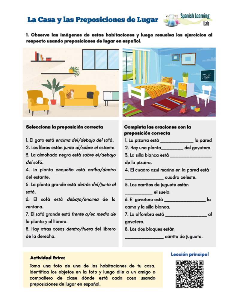 La Casa y las Preposiciones de lugar en español - Hoja de trabajo con ejercicios en PDF