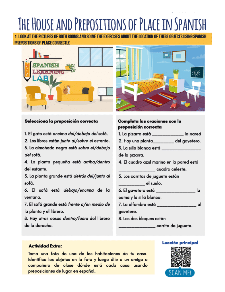 Exercises about the house and Spanish prepositions of place in a PDF worksheet