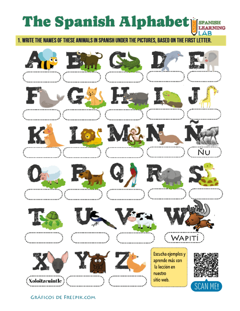 Exercises about the Spanish Alphabet with names of animals in a PDF worksheet