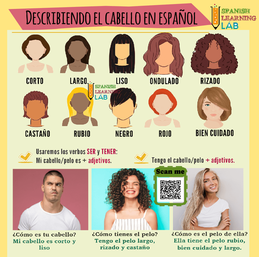 Adjetivos comunes para describir el cabello en español con oraciones y preguntas de ejemplo
