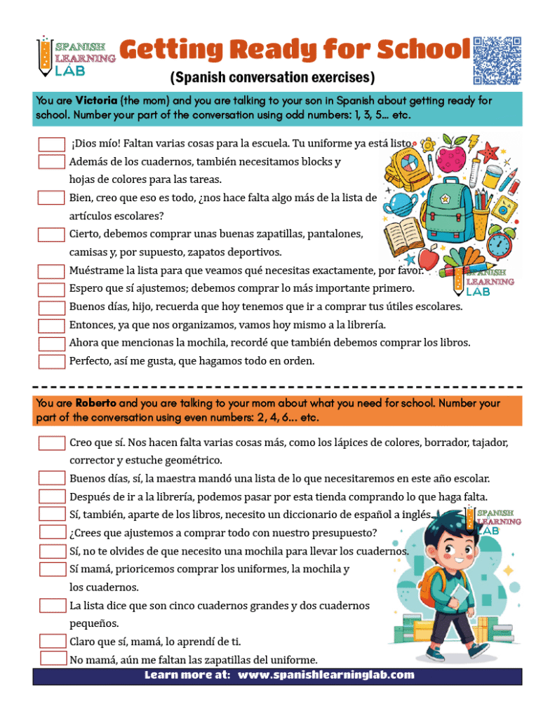 Getting ready for school in Spanish worksheet conversation exercises about school supplies