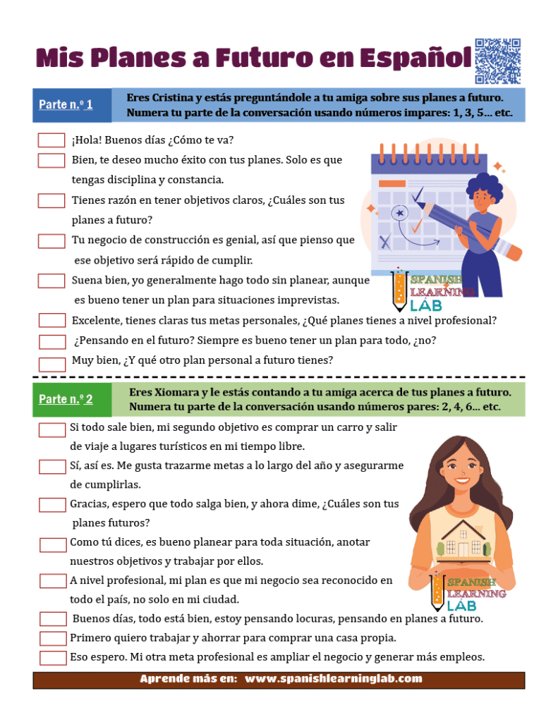 Practica con un ejercicio de conversación sobre los planes a futuro en español en un material en PDF