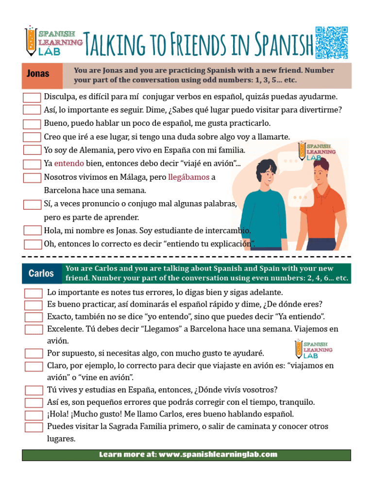 Talking to Friends in Spanish - Conversation in PDF Worksheet - Spanish ...