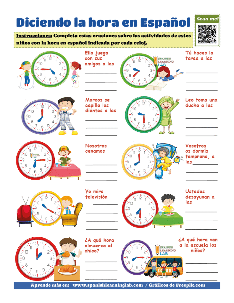 diciendo las horas en español ejercicios PDF sobre niños y rutinas diarias