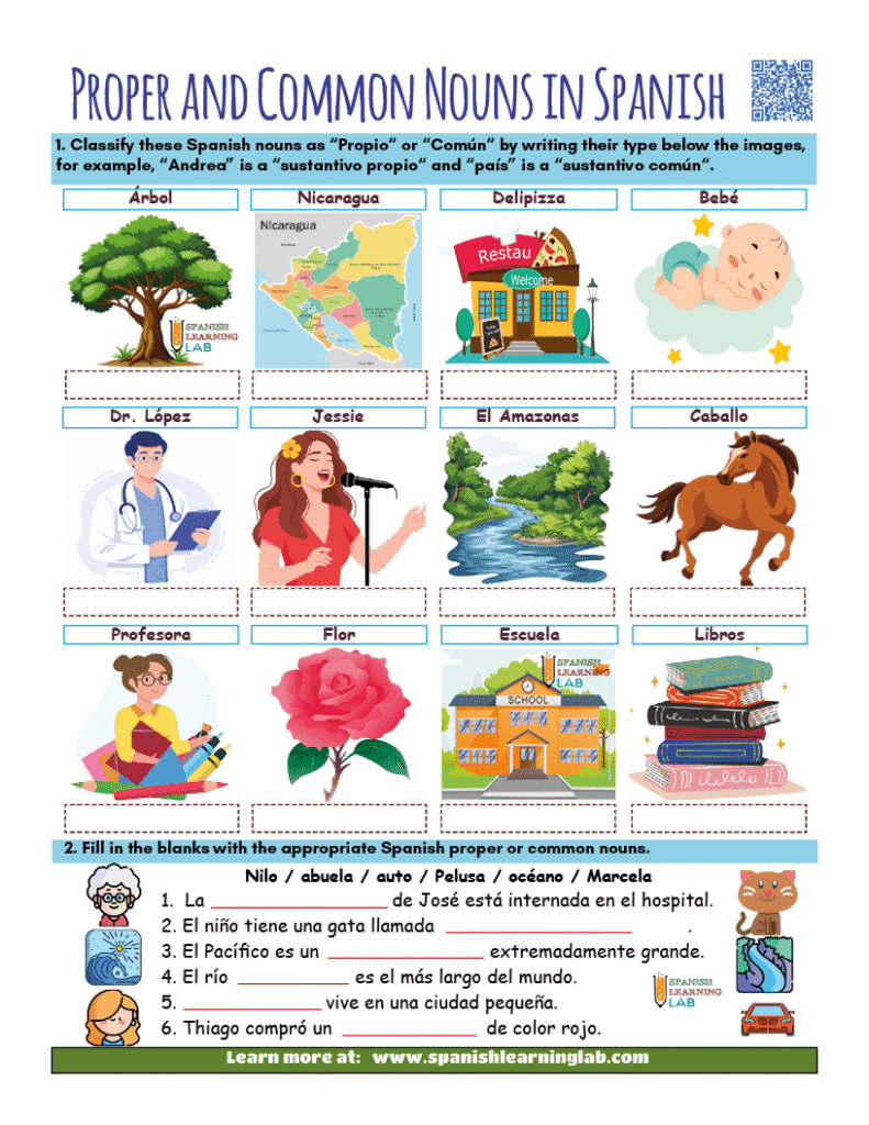 Proper and common nouns in Spanish PDF worksheet with exercises