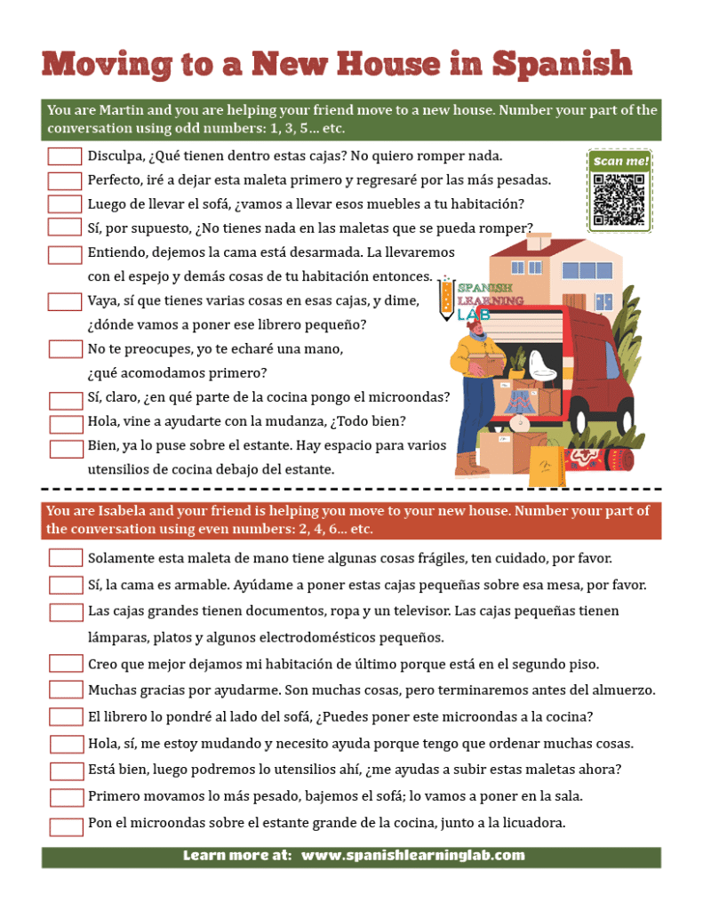 moving out to a new house in Spanish worksheet pdf with conversation exercises