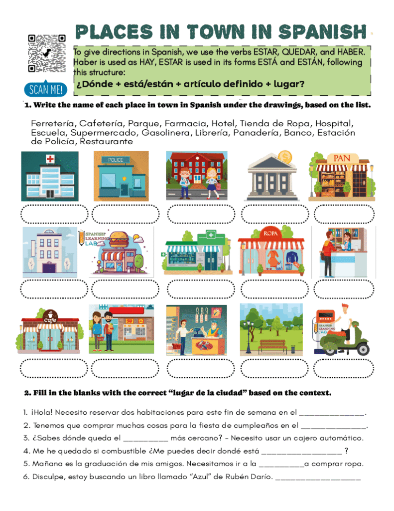 list places in town in Spanish worksheet pdf city with exercises