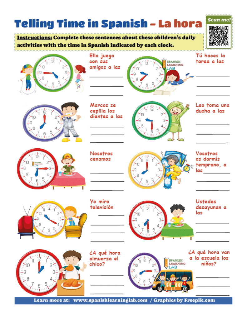 telling time in spanish practice worksheet pdf with answers and nice illustrations