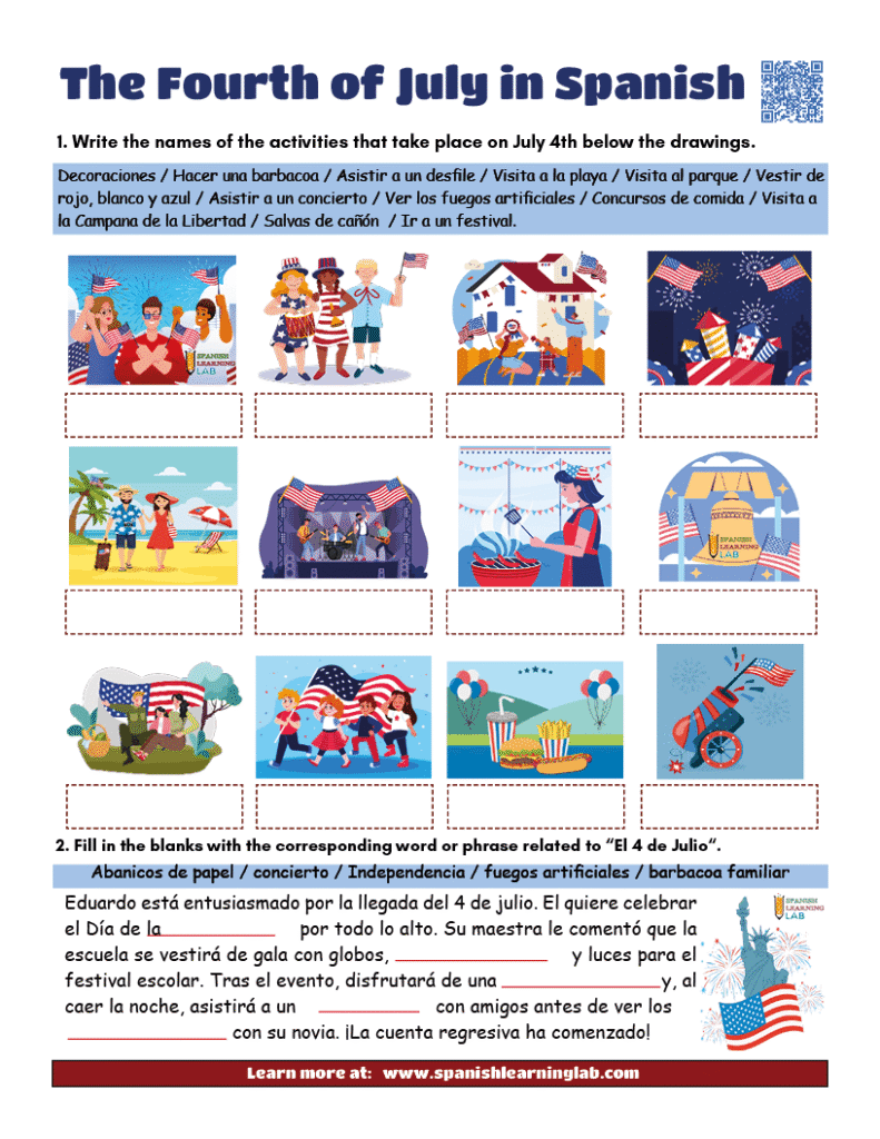 the vocabulary fourth of july in Spanish worksheet pdf