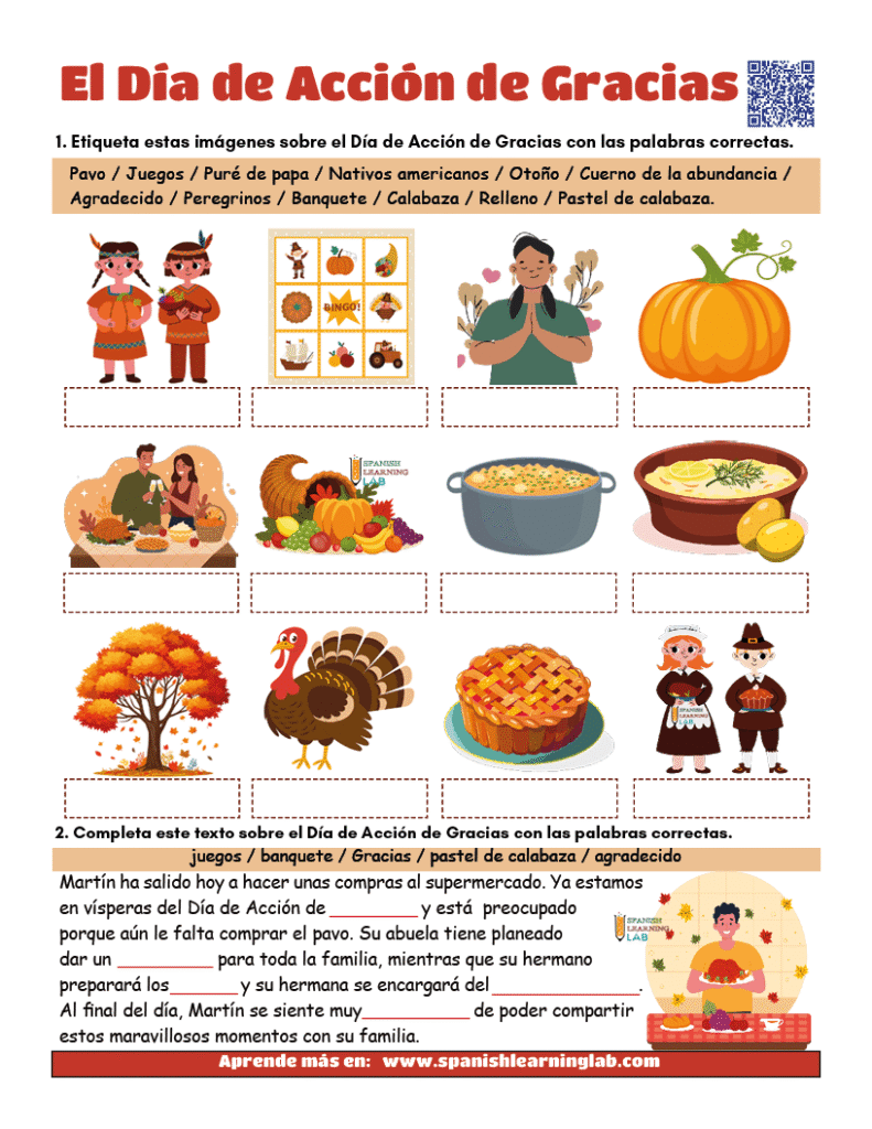 el vocabulario del día de acción de gracias en español ejercicios en PDF
