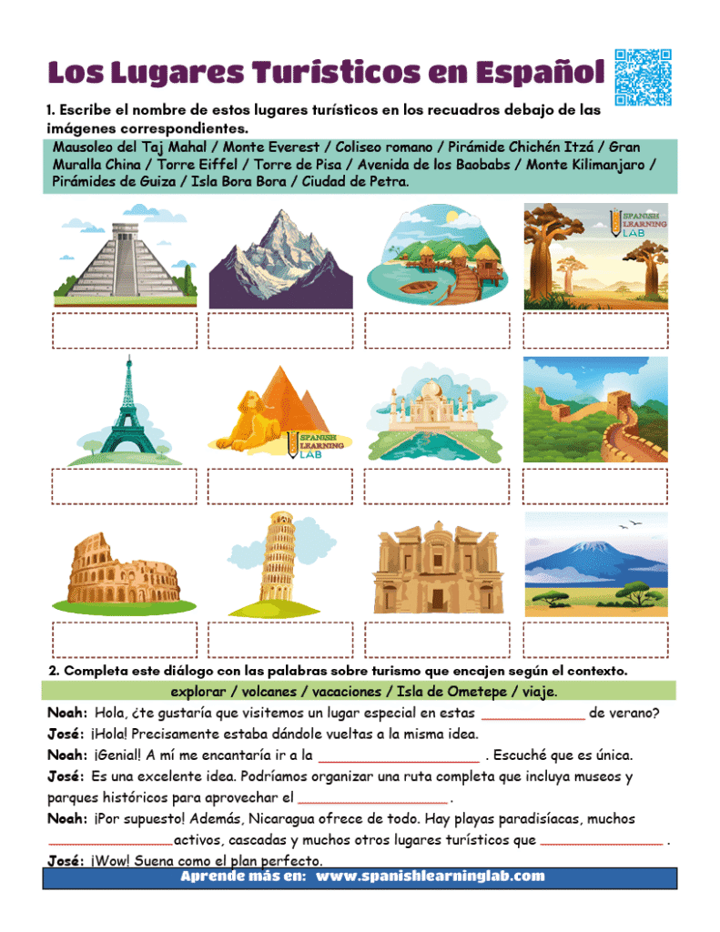 el vocabulario de lugares turísticos en español ejercicios PDF