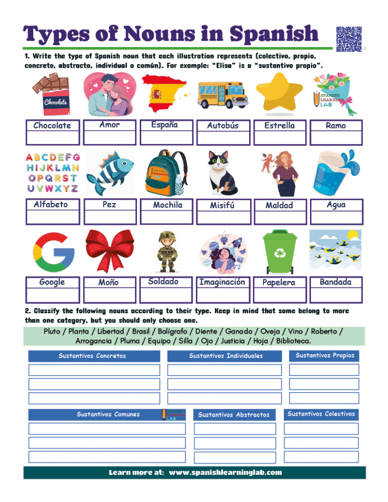 Types of nouns in Spanish PDF worksheet with exercises
