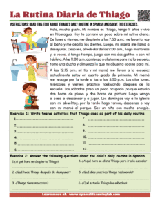 My Daily Routine in Spanish (Thiago) - PDF Worksheet - Spanish Learning Lab