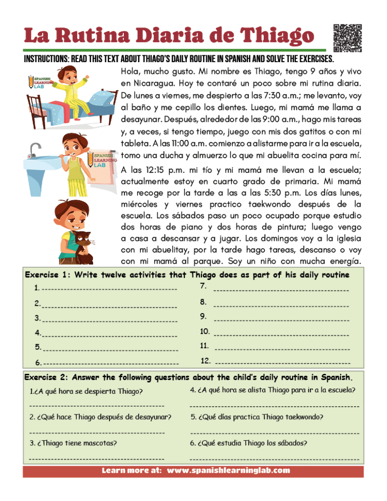 my boy's daily routine in Spanish PDF worksheet with reading comprehension exercises