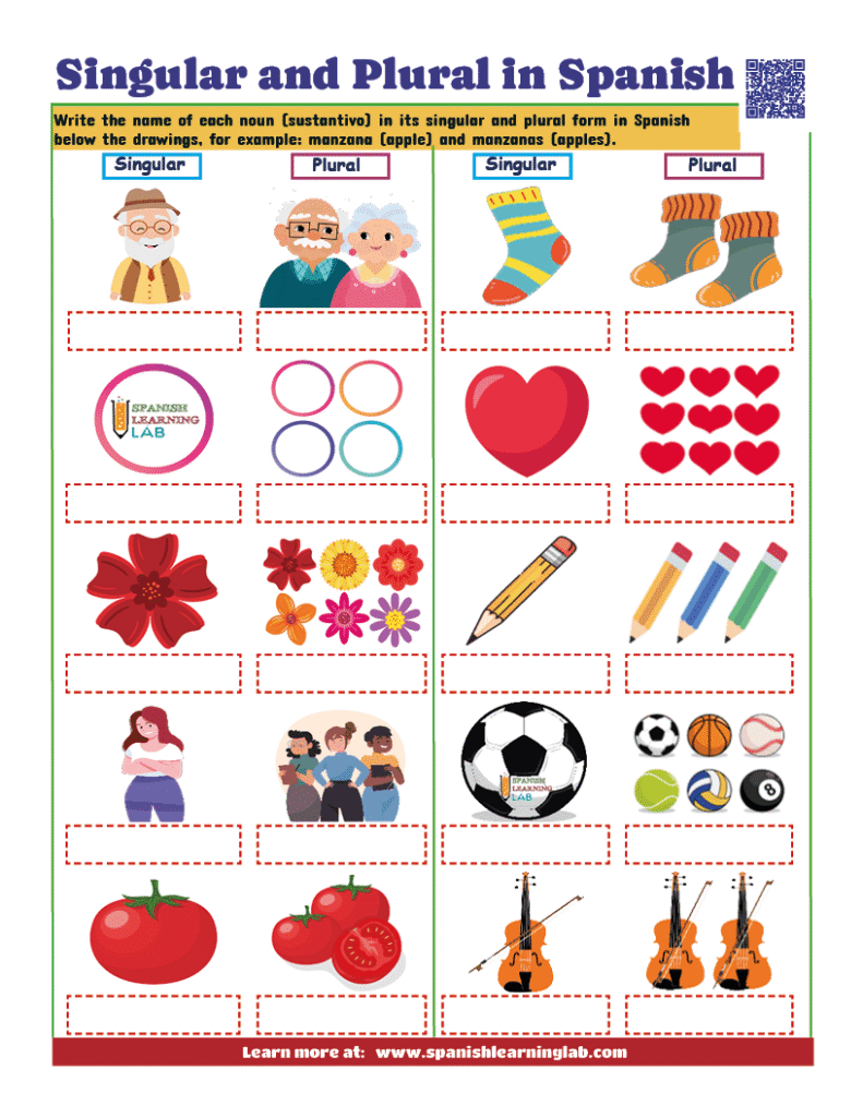 practice singular and plural in Spanish nouns worksheet PDF