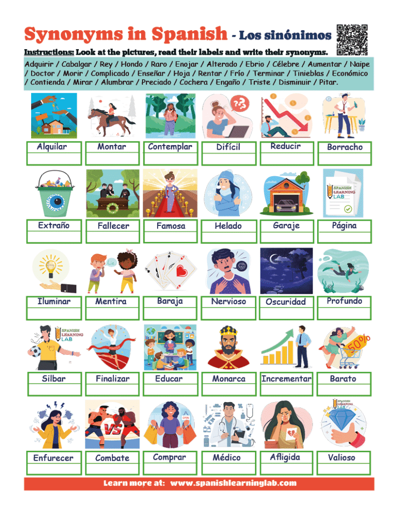 Practice Common Synonyms in Spanish PDF worksheet with exercises