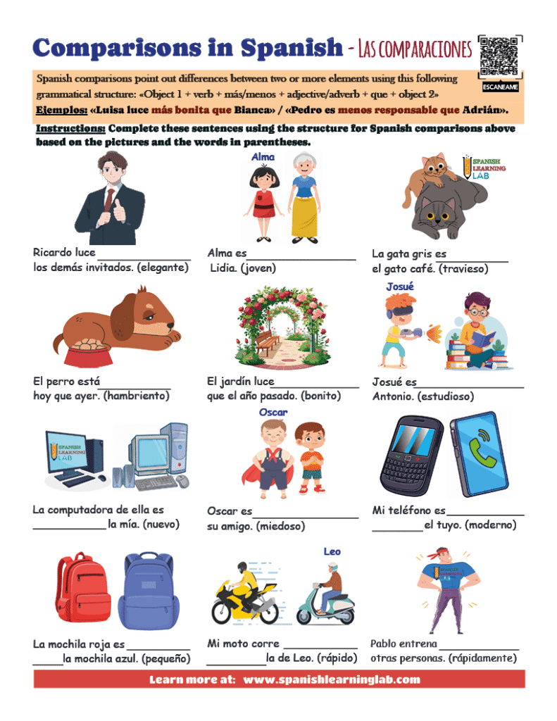 practice comparisons in Spanish with exercises in a PDF worksheet with más/menos + adjectives