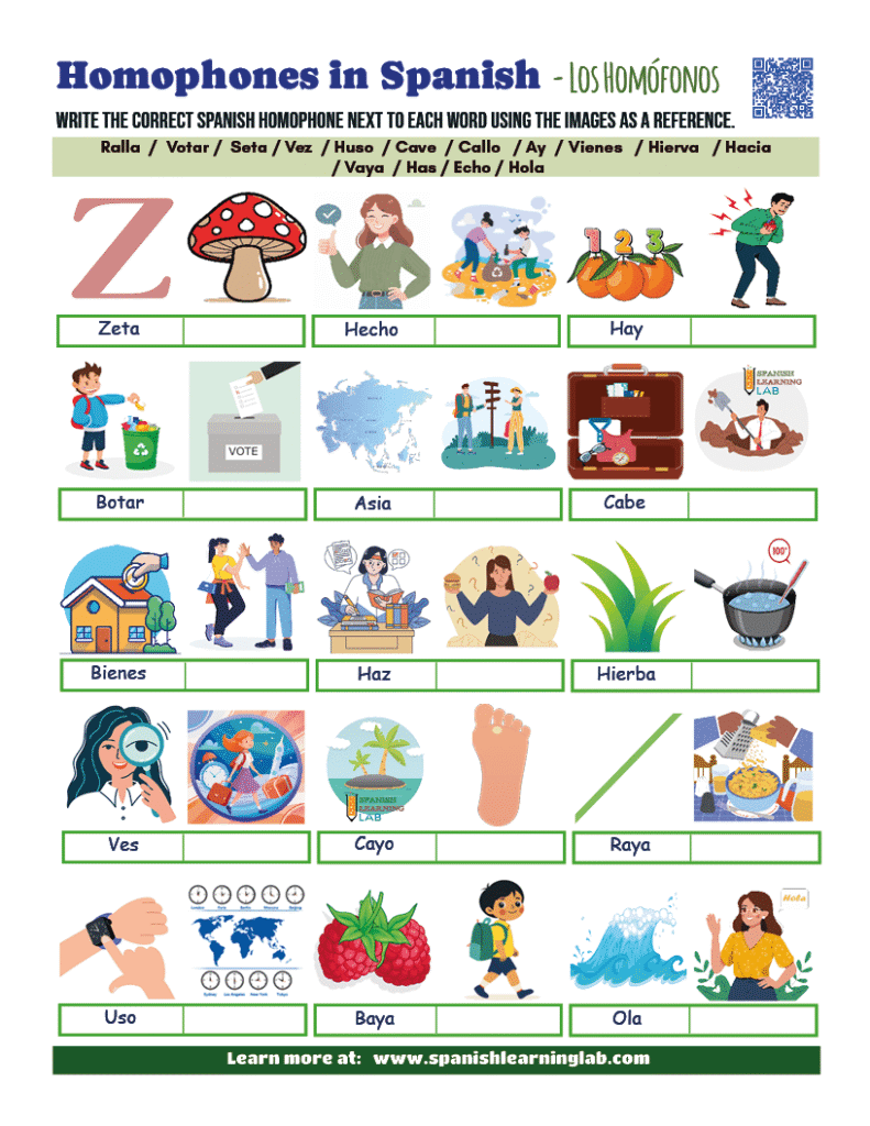 Homophones in Spanish PDF worksheet exercises