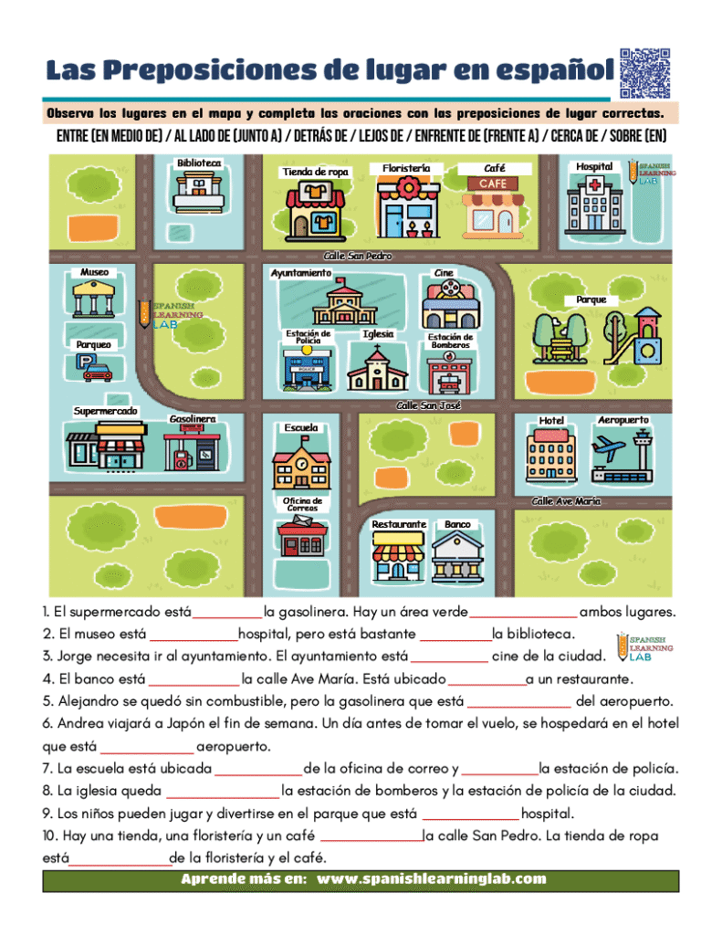 ejercicios sobre preposiciones de lugar en español y direcciones de lugares en la ciudad con mapa en PDF