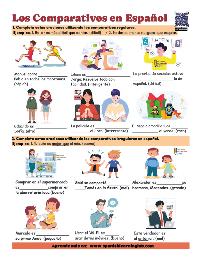 practica los comparativos en español regulares e irregulares ejercicios PDF con oraciones e imágenes