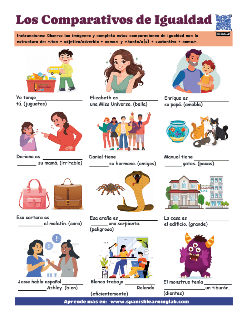 los comparativos de igualdad en español ejercicios PDF con oraciones