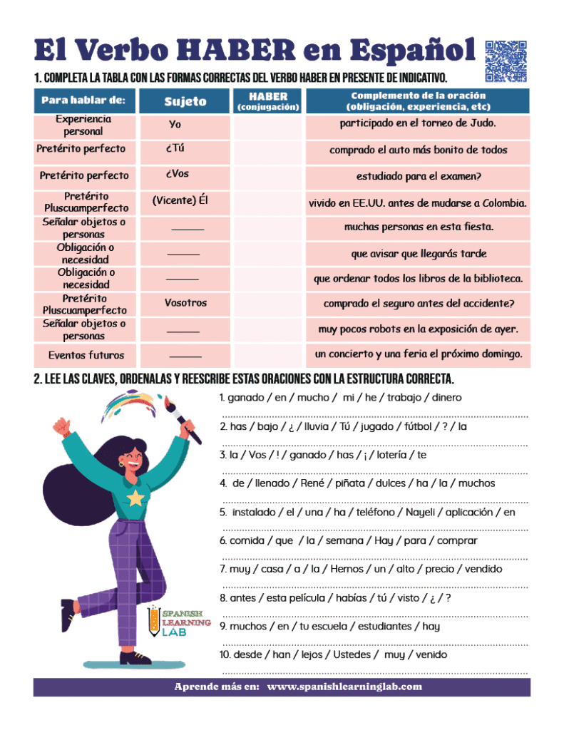 ejercicios verbo haber PDF conjugaciones en español