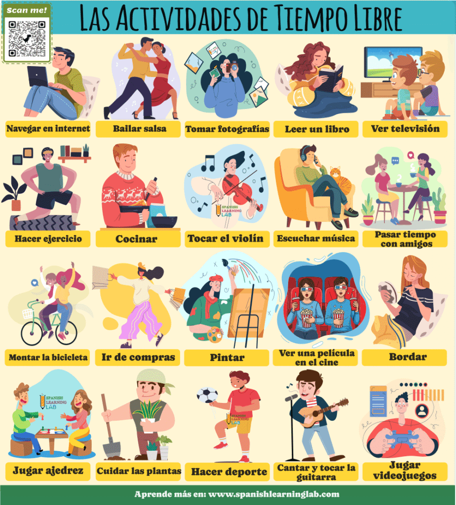 lista de vocabulario actividades de tiempo libre en español más importantes con ilustraciones ejemplos y ejercicios