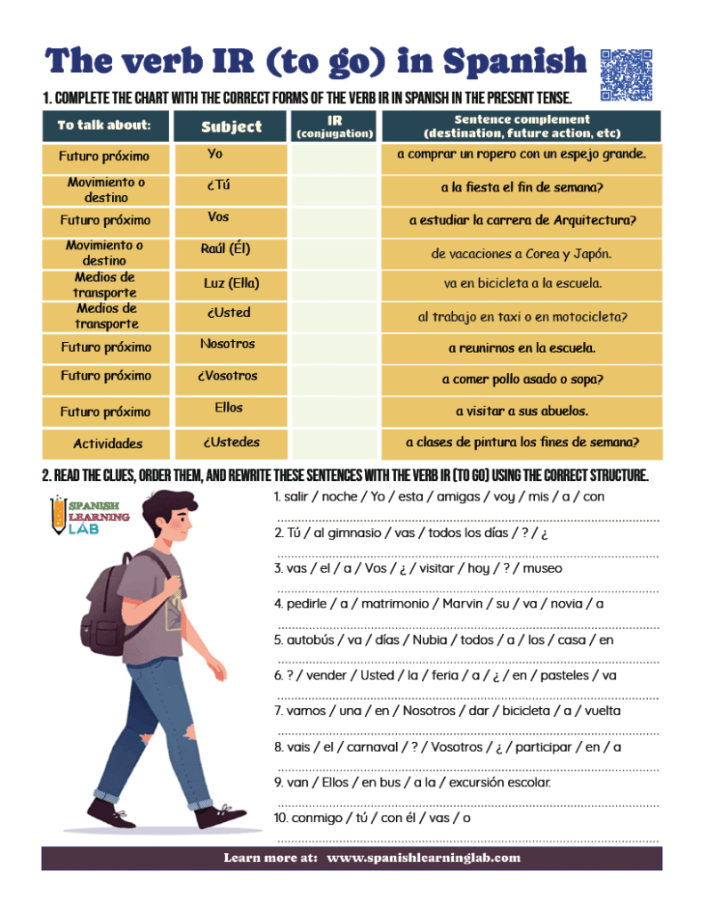 Practice the Spanish verb IR to go with exercises in a PDF worksheet including ir + a + infinitive