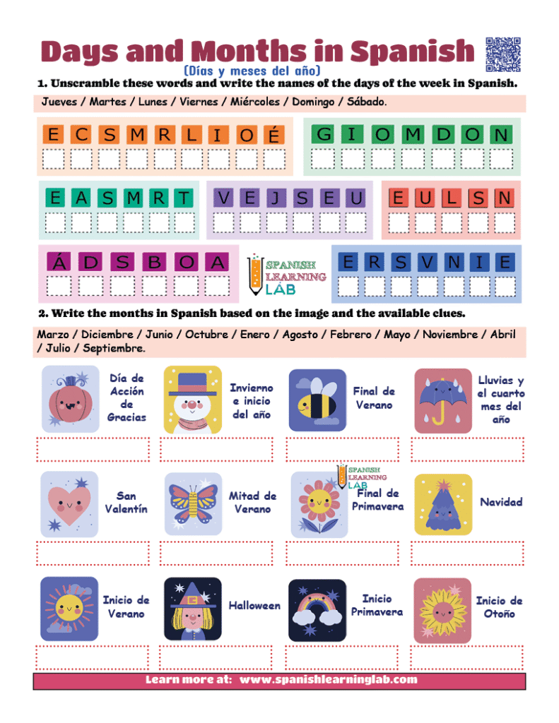 Days of the week and months of the year in Spanish PDF worksheet with exercises