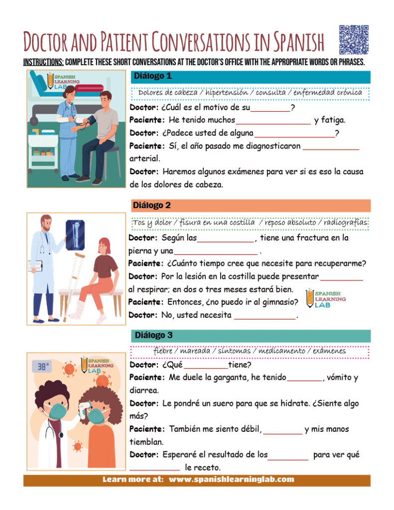 doctor and patient conversations in Spanish pdf worksheet with exercises