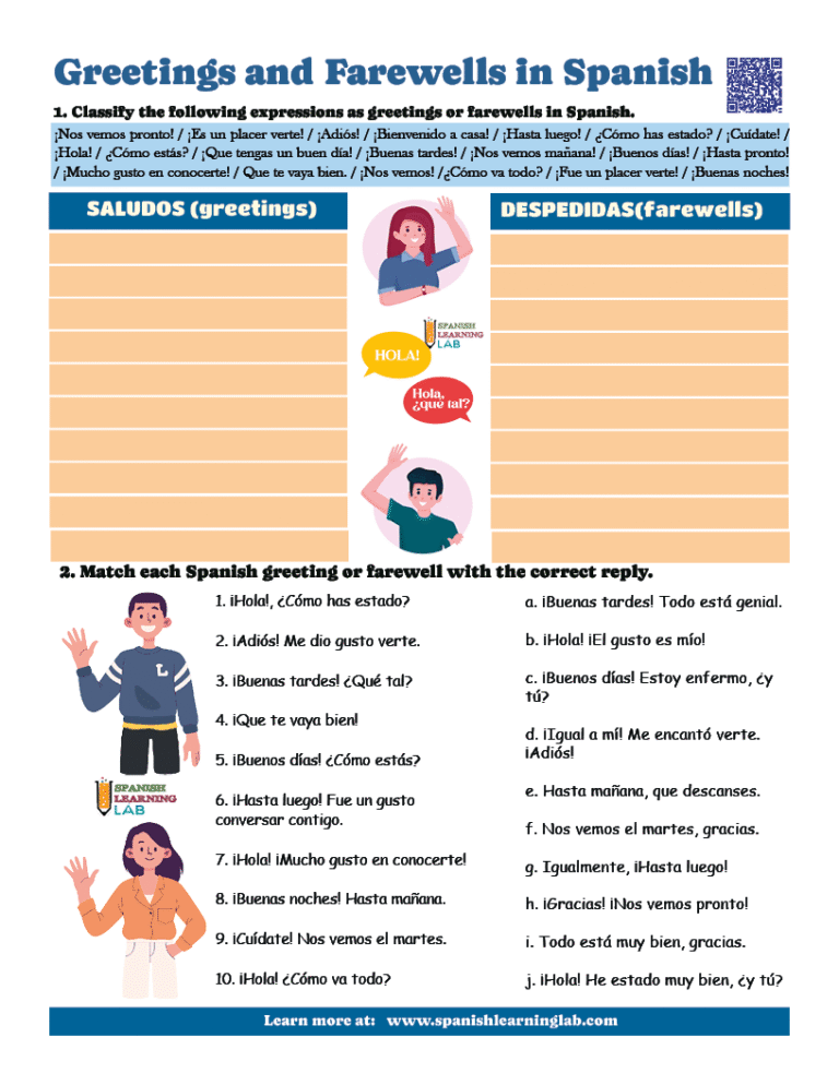 Greetings and Farewells in Spanish - PDF Worksheet No. 2 - Spanish ...