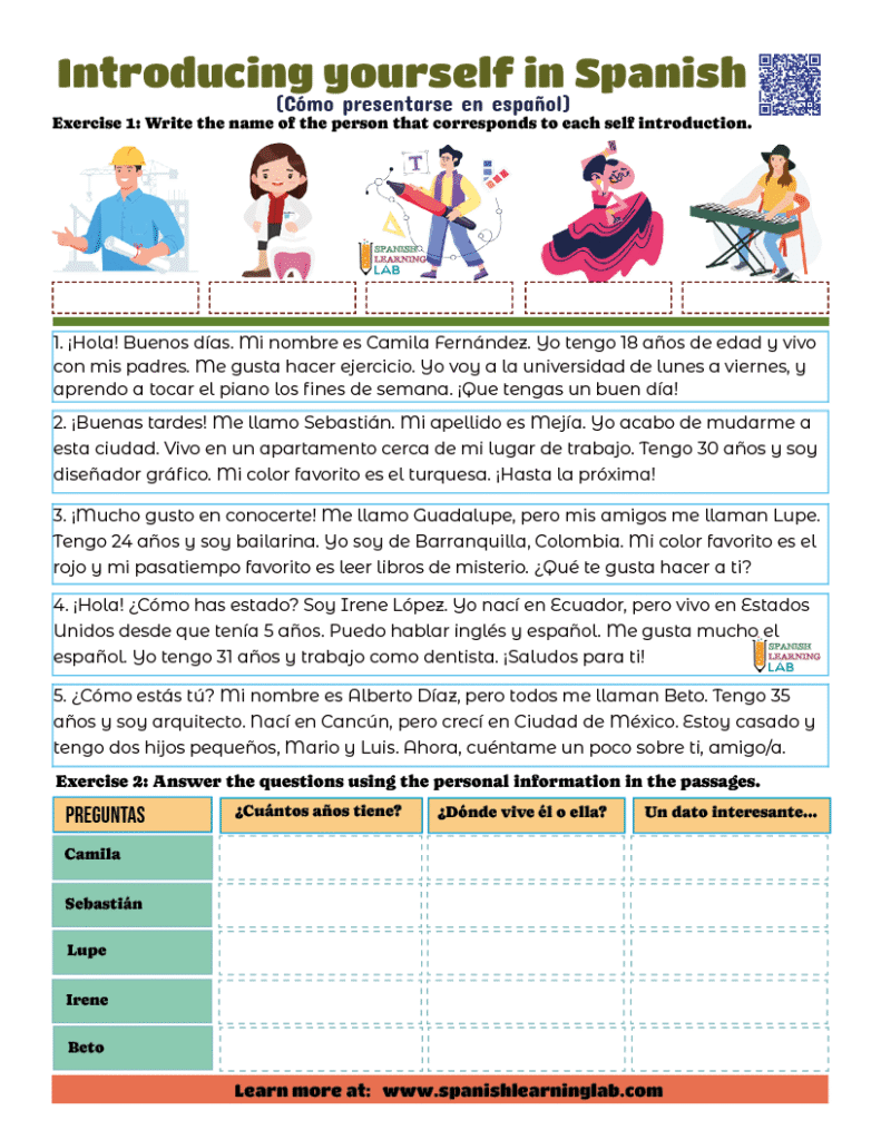 examples of short texts introducing yourself in Spanish worksheet PDF