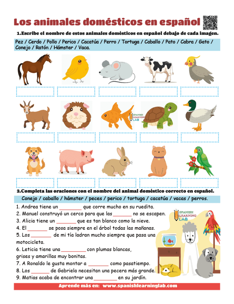 el vocabulario de los animales domésticos en español ejercicios pdf