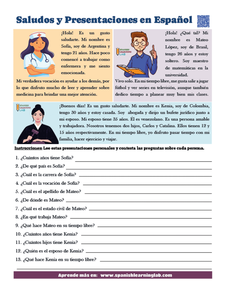 Lecturas cortas sobre saludos y presentaciones en español ejercicios PDF