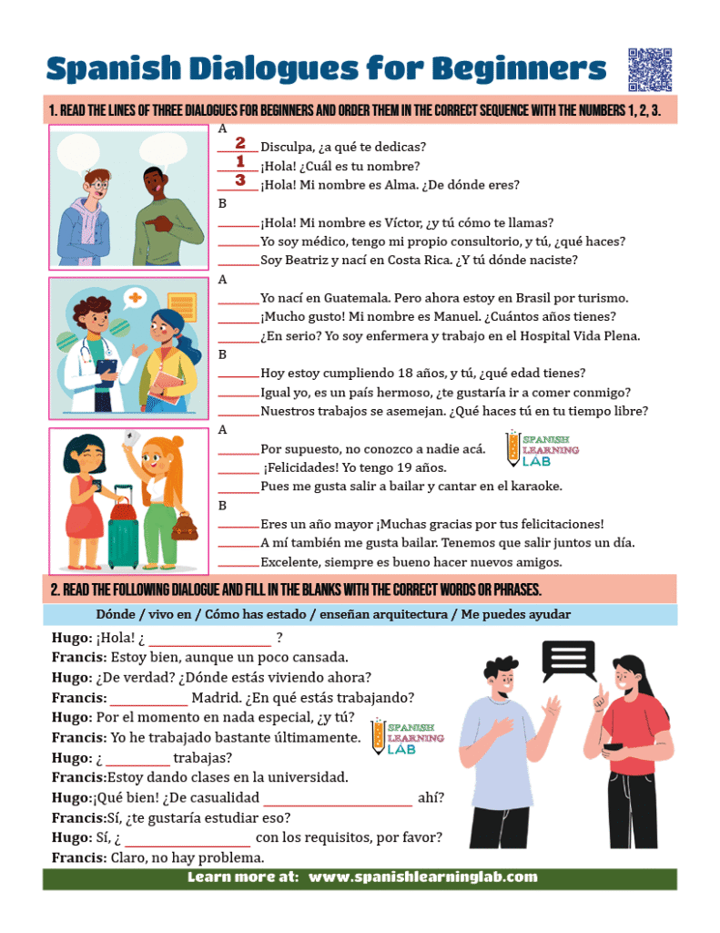 Spanish dialogues for beginners PDF worksheet with short conversations