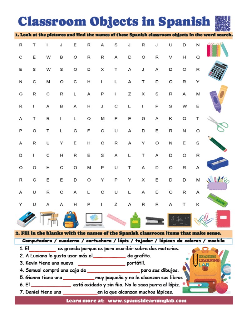 Spanish classroom objects word search pdf worksheet