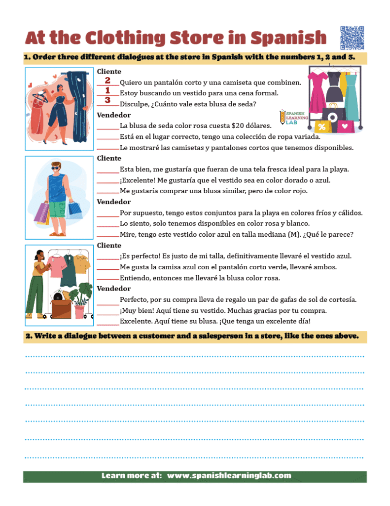 short dialogues at the clothing store in Spanish pdf worksheet with speaking exercises