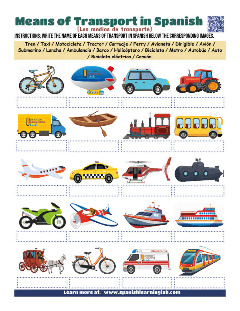 Means of transport in Spanish worksheet vocabulary PDF exercises