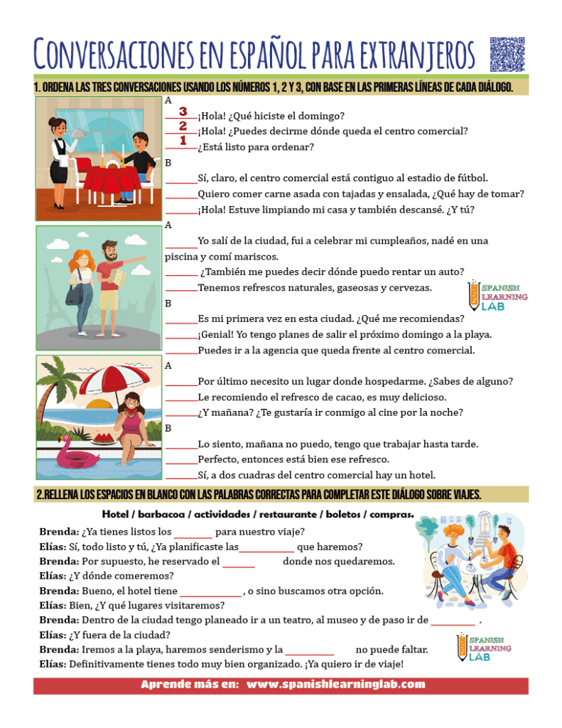 Conversaciones en español para extranjeros, ejercicios de habla y vocabulario en PDF.