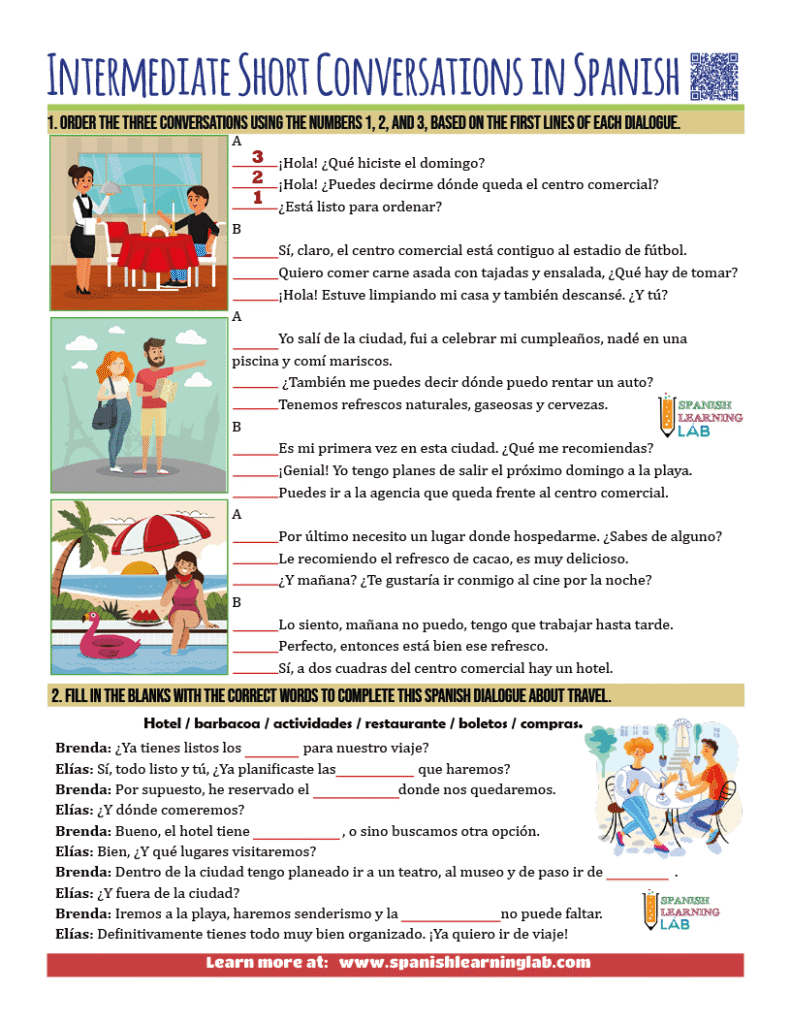 short intermediate conversations in Spanish pdf worksheet with exercises