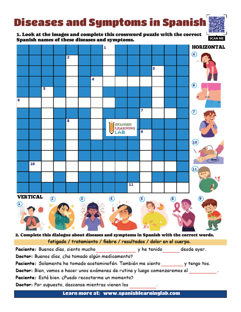 vocabulary diseases and symptoms in Spanish worksheet PDF with crossword puzzle
