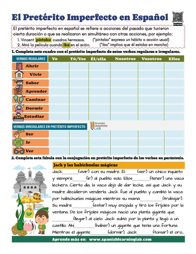 conjugando verbos en pretérito imperfecto en español ejercicios PDF con recuadro e historia corta