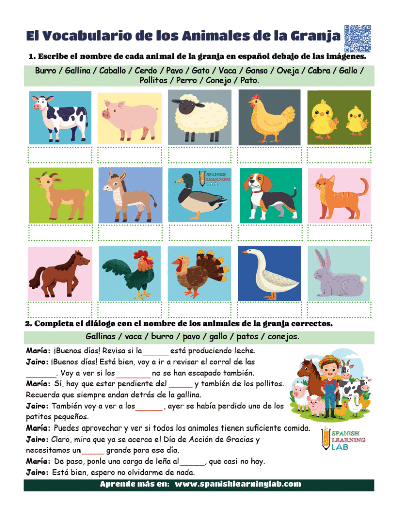 el vocabulario de los animales de la granja en español ejercicios pdf imágenes y oraciones