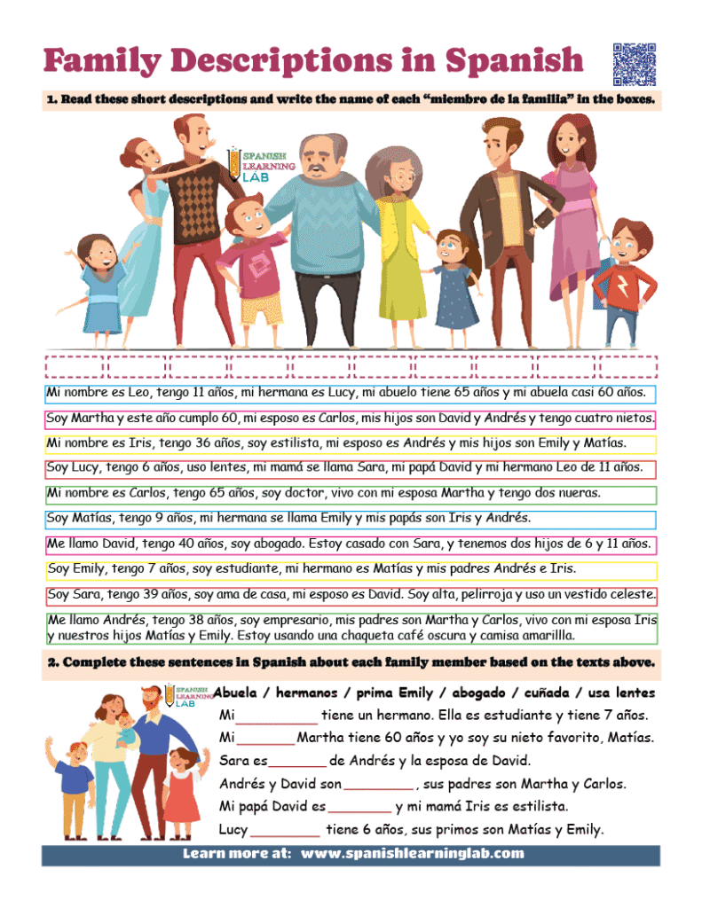 Examples and exercises about short family descriptions in Spanish PDF worksheet